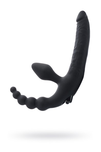 Безремневой страпон с анальной и вагинальной пробками, черный силикон - фото 49545