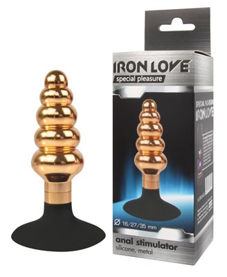 Анальная ёлочка Iron Love золотистый металл, присоска силикон, 10*3,5 см