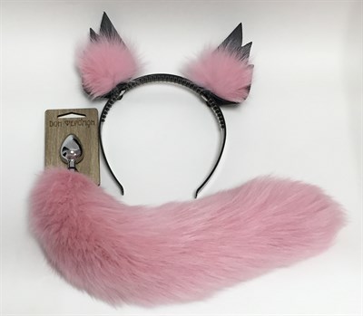 Набор: ободок-ушки, плаг серебро с розовым хвостом, 35 см, Д-2,5 см